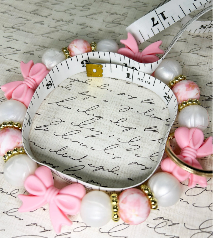 Pink Bow Coquette Preppy Style Silicone Beaded Keyring