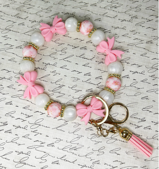 Pink Bow Coquette Preppy Style Silicone Beaded Keyring