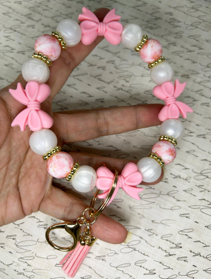 Pink Bow Coquette Preppy Style Silicone Beaded Keyring